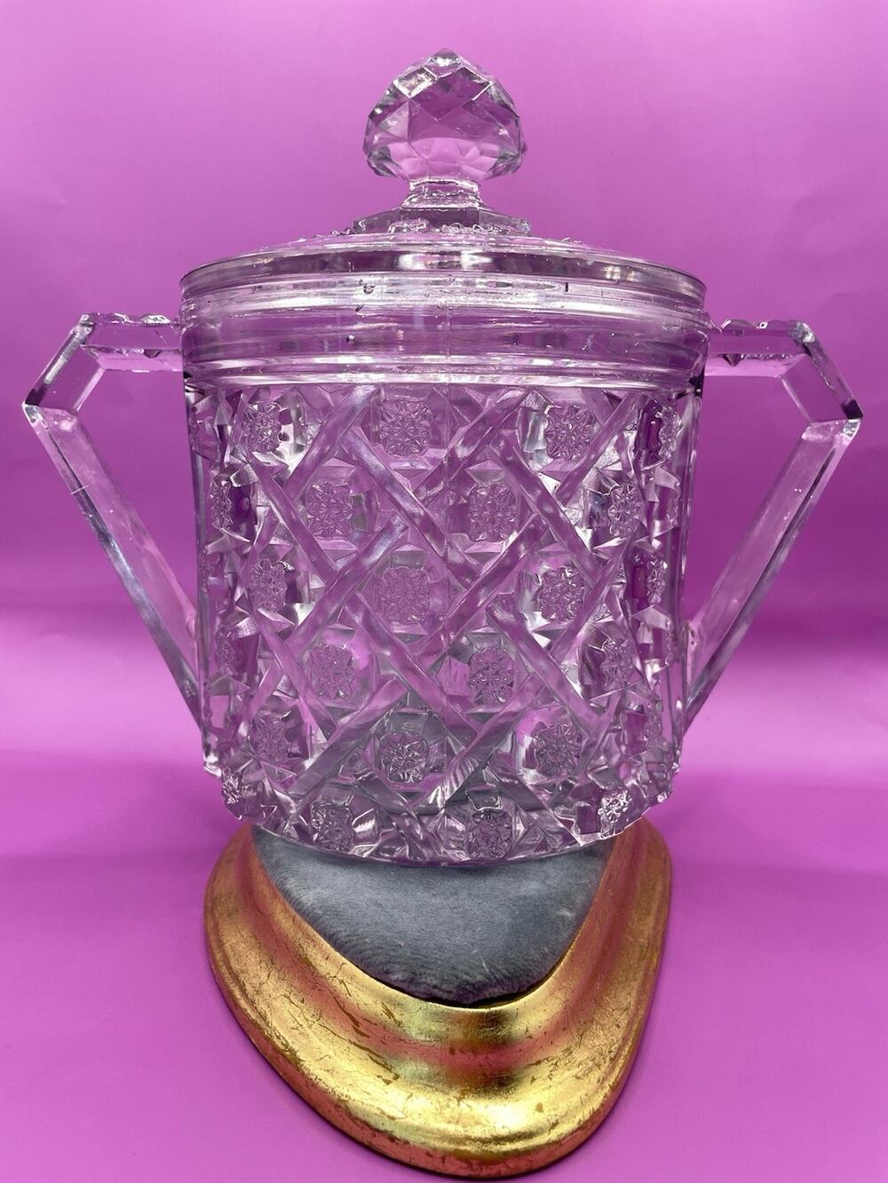 Antique Cambridge EAPG Pressed Glass Cookie Jar with Lid Light Purple Hue